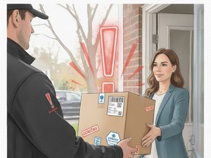 zdjęcie poglądowe, kurier wręcza paczkę kobiecie